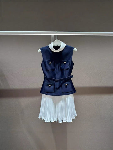 New Blue And White Collar Collar Fake Two Sleeveless Dress Temperament Famous Wind Thin Short Dress 2025 Summer